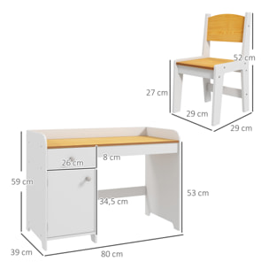 Conjunto de Escritorio de 2 Piezas Pupitre Infantil Escritorio para Niños Incluye Silla y Mesa con Cajón y Armario para Dormitorio Sala Blanco y Natural