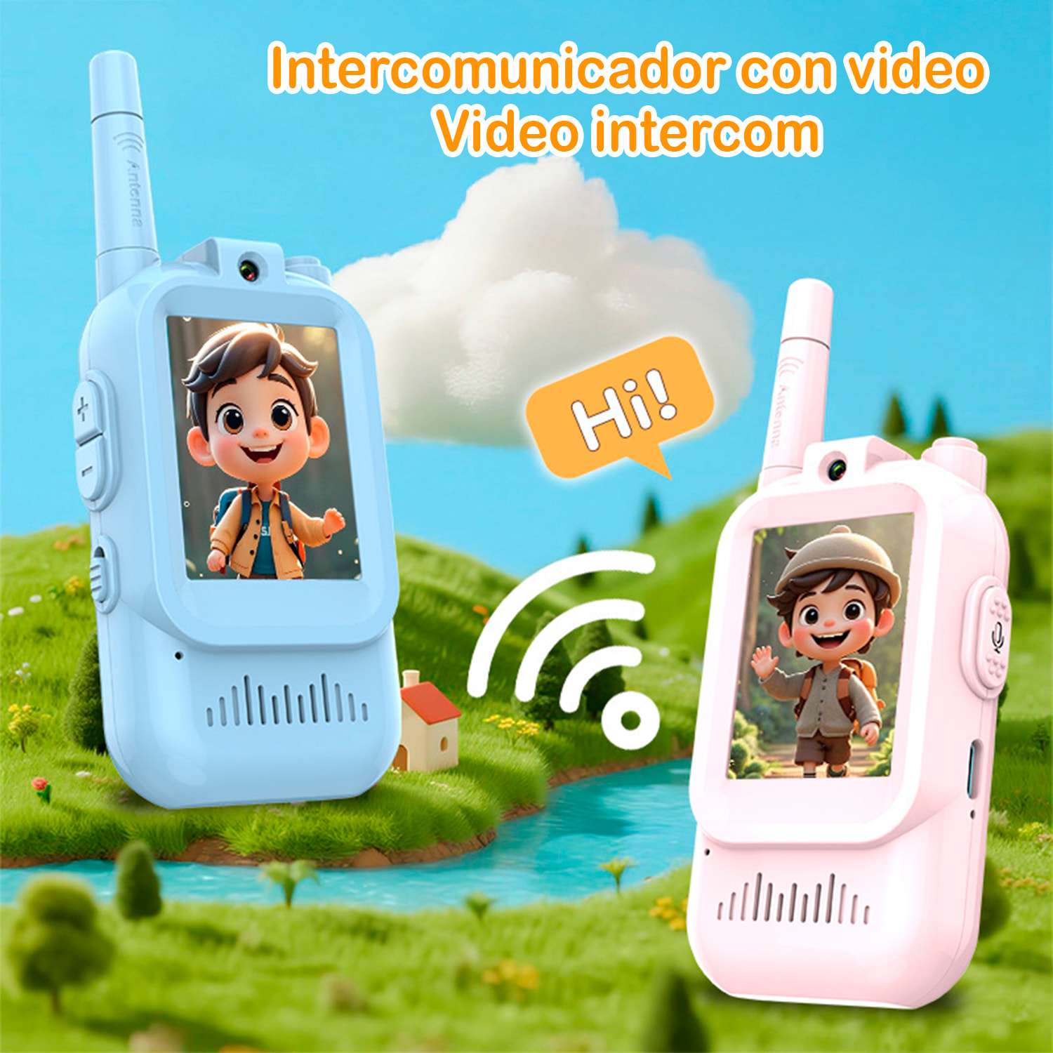 Walkie-Talkie infantil con intercomunicador con video y 4 modos de visualización. 150-500 metros de conexión clara, pantalla de 2" y 4 modos de voz.