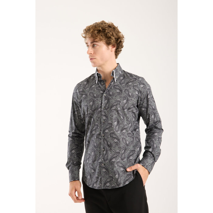 Camicia Uomo 2 Bottoni Button Down Doppio Coll Popeline Stretch Stampato Grigio Scuro/Nero
