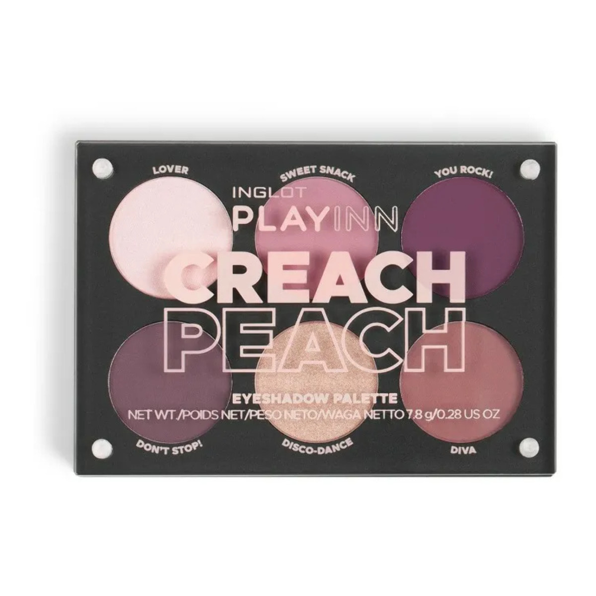 INGLOT Playinn Creach Peach Eyeshadow Palette, Paleta de sombras mate y con brillo en tonos rosados nude y ciruelas. 7,8gr