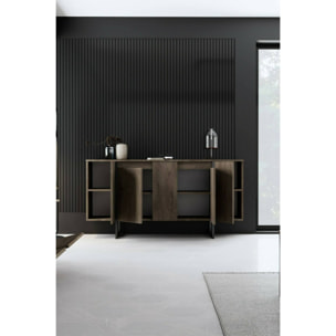 Credenza Dgarzitt, Buffet da soggiorno, Madia da salotto, Dispensa da cucina, 160x35h80 cm, Noce e Nero