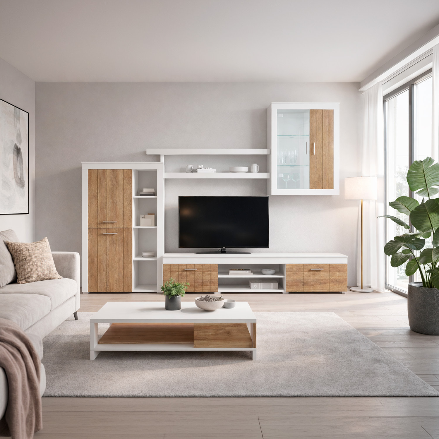 Parete Attrezzata Da Soggiorno Salotto Moderna Con Ante Mensole Vani A Giorno Vetrinetta Mobile TV Design Moderno 293 x 193 x 50 Cm Bianco E Noce