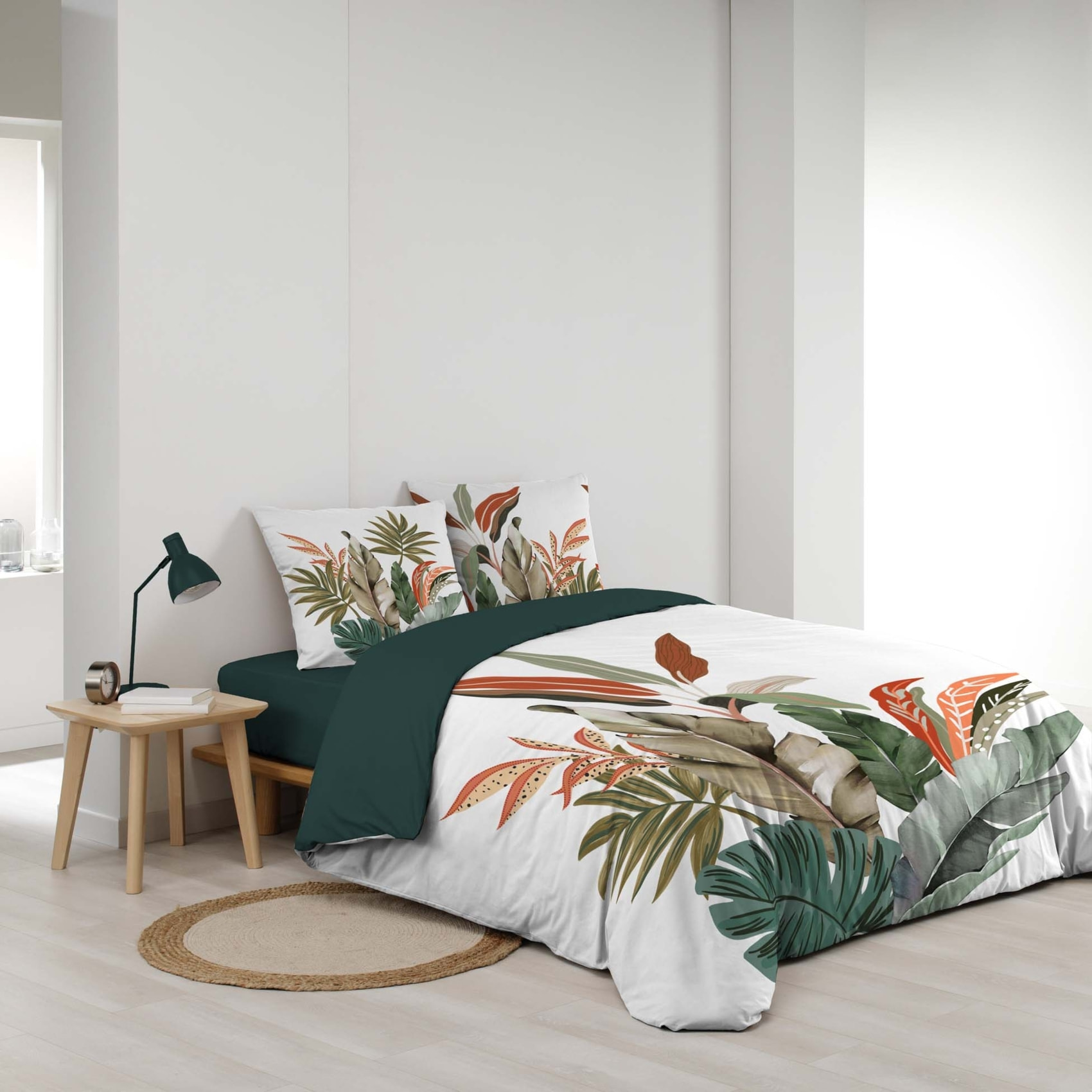 Parure de lit 3 pièces 100 % coton imprimé à motif tropical housse + taies - Vert