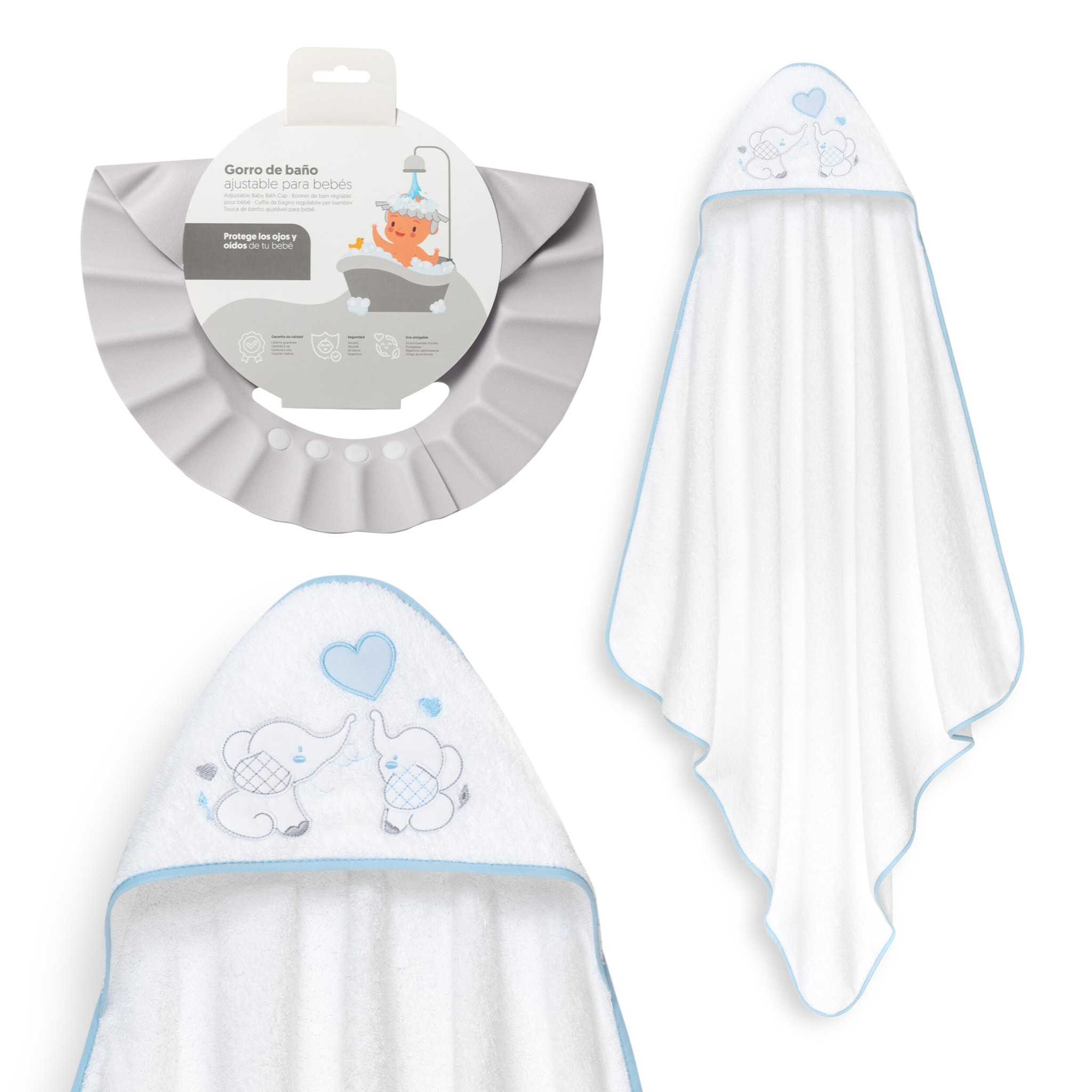 Capa Baño 1X1 Mod Parejita Elefante+Gorro Bco/Azul