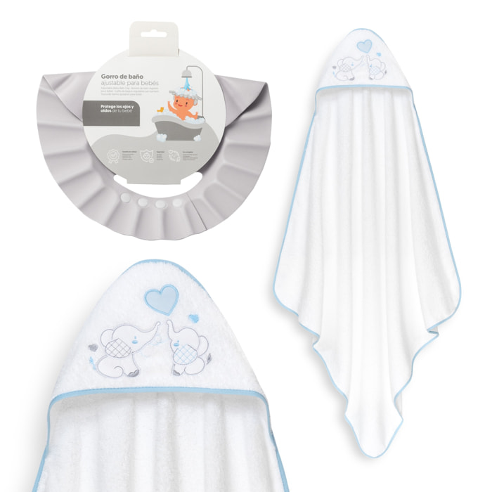 Capa Baño 1X1 Mod Parejita Elefante+Gorro Bco/Azul