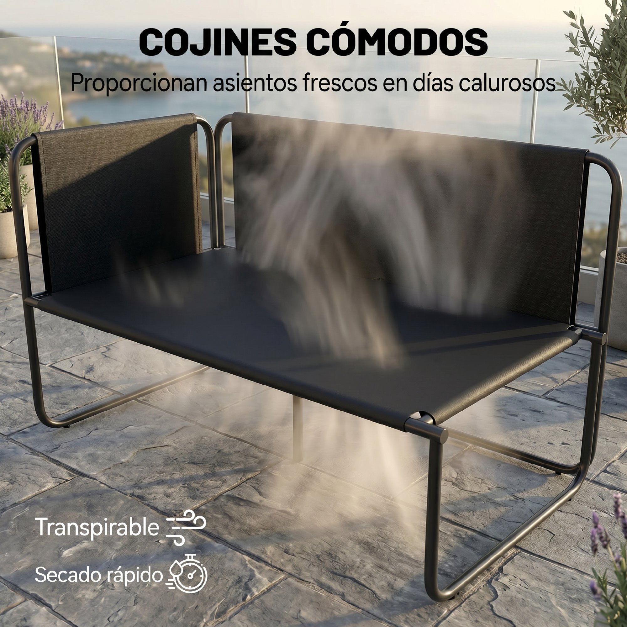 Conjunto Jardín Exterior de 4 Piezas, Muebles Jardín Exterior con 2 Sofás 2 Plazas, 2 Mesas de Vidrio, Cojines, Fundas Extraíbles, Bolsillos, Tela Textilene Transpirable, Marco Acero, Gris