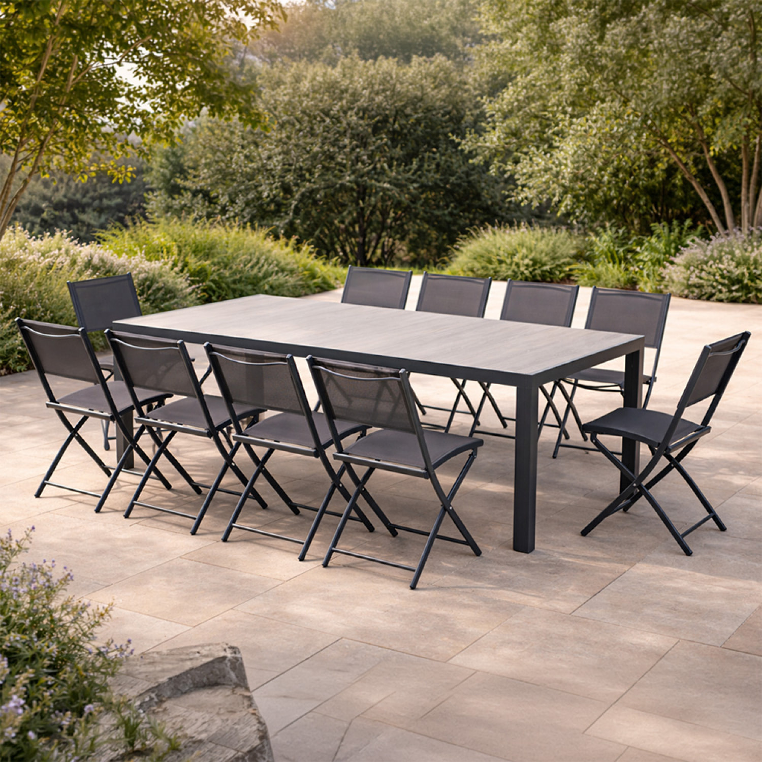 Ensemble table de jardin 200 cm en aluminium et 10 chaises pliantes NAIROBI
