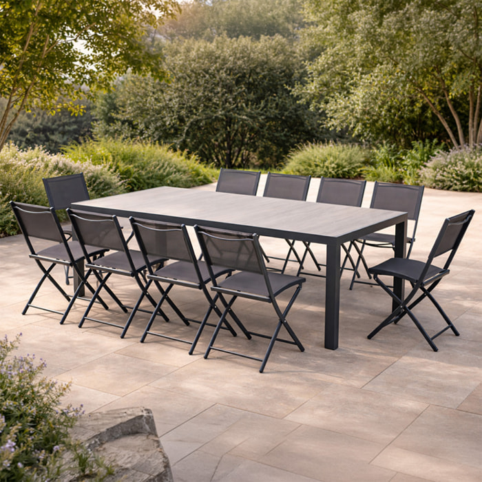 Ensemble table de jardin 200 cm en aluminium et 10 chaises pliantes NAIROBI