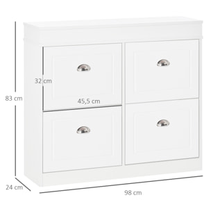 Armoire à chaussures meuble à chaussures rangement pour 32 paires dim. 98L x 24l x 83H cm  4 portes abattantes double niveau MDF blanc