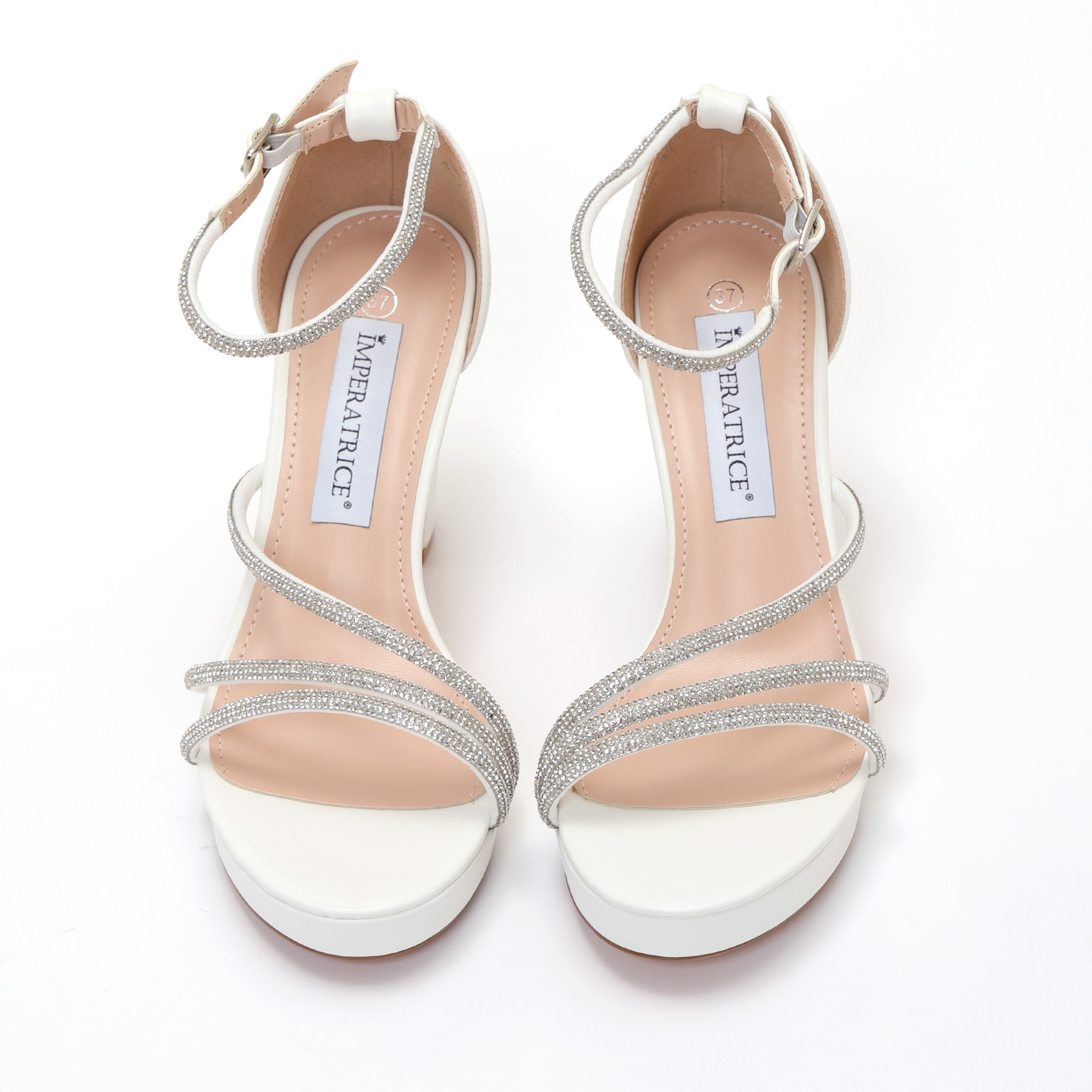 Sandali in simil pelle con tacco alto comodo e fasce ricoperte di strass