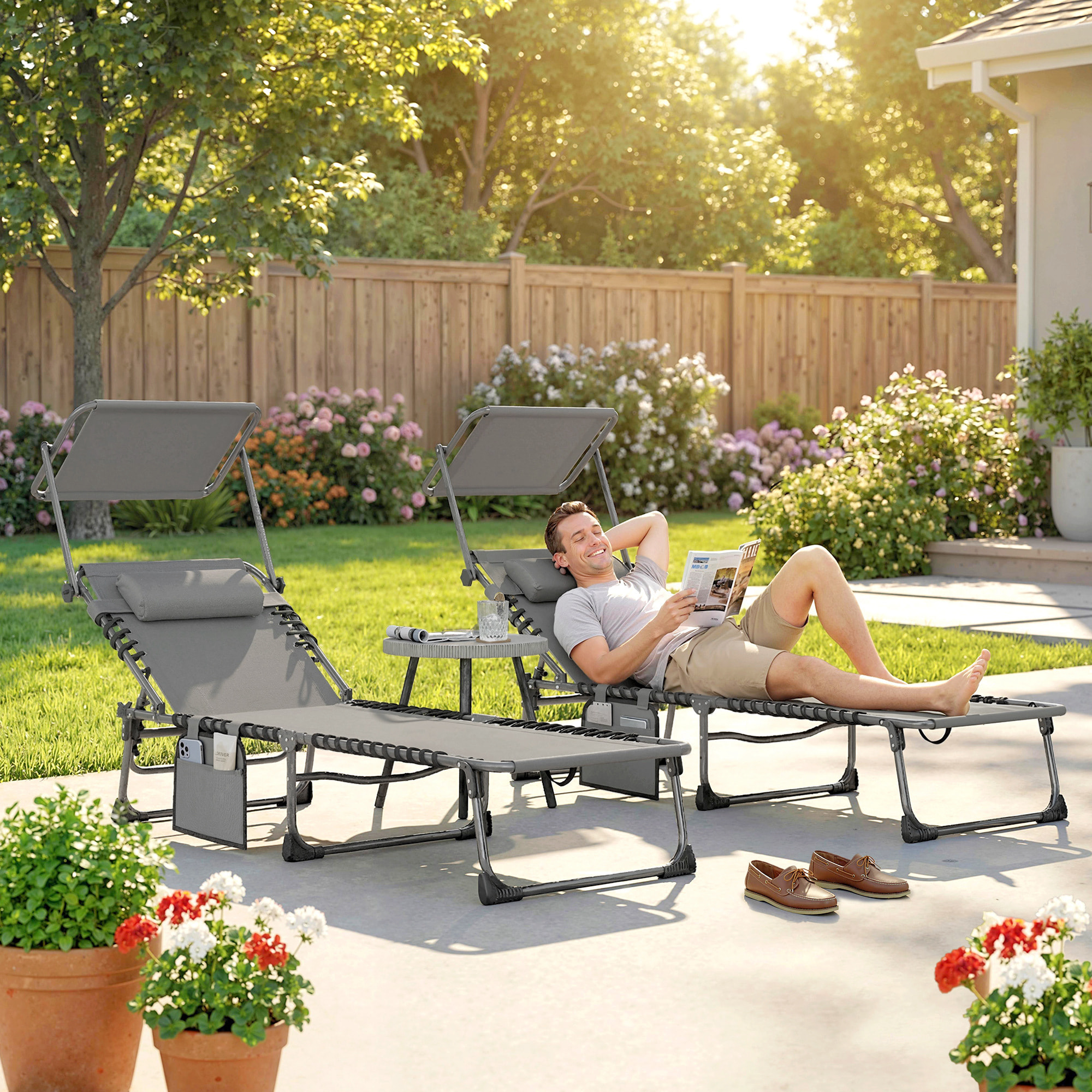 Set de 2 Tumbonas Jardín Exterior, Tumbonas Plegables con Reposacabezas, Parasol y Bolsillo Lateral, Respaldo Reclinable 5 Posiciones y Asiento Malla Transpirable para Playa, Piscina, Gris