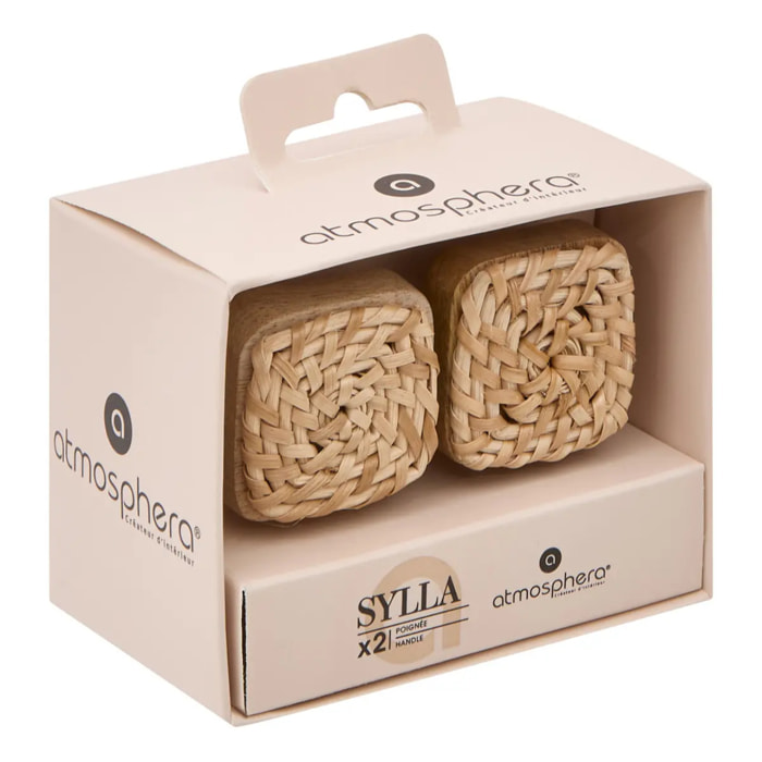 Lot de 2 boutons de meuble Sylla en manguier et rotin beige