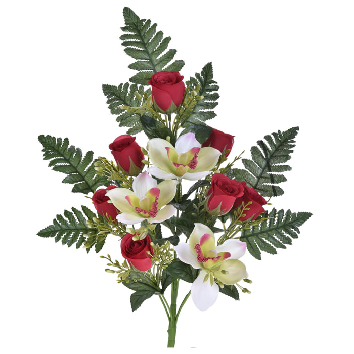 Bouquet Frontale Di Cymbidium E Rose. Altezza 43 Cm - Pezzi 4 - 16X43X15cm - Colore: Rosso - Bianchi Dino - Fiori Artificiali