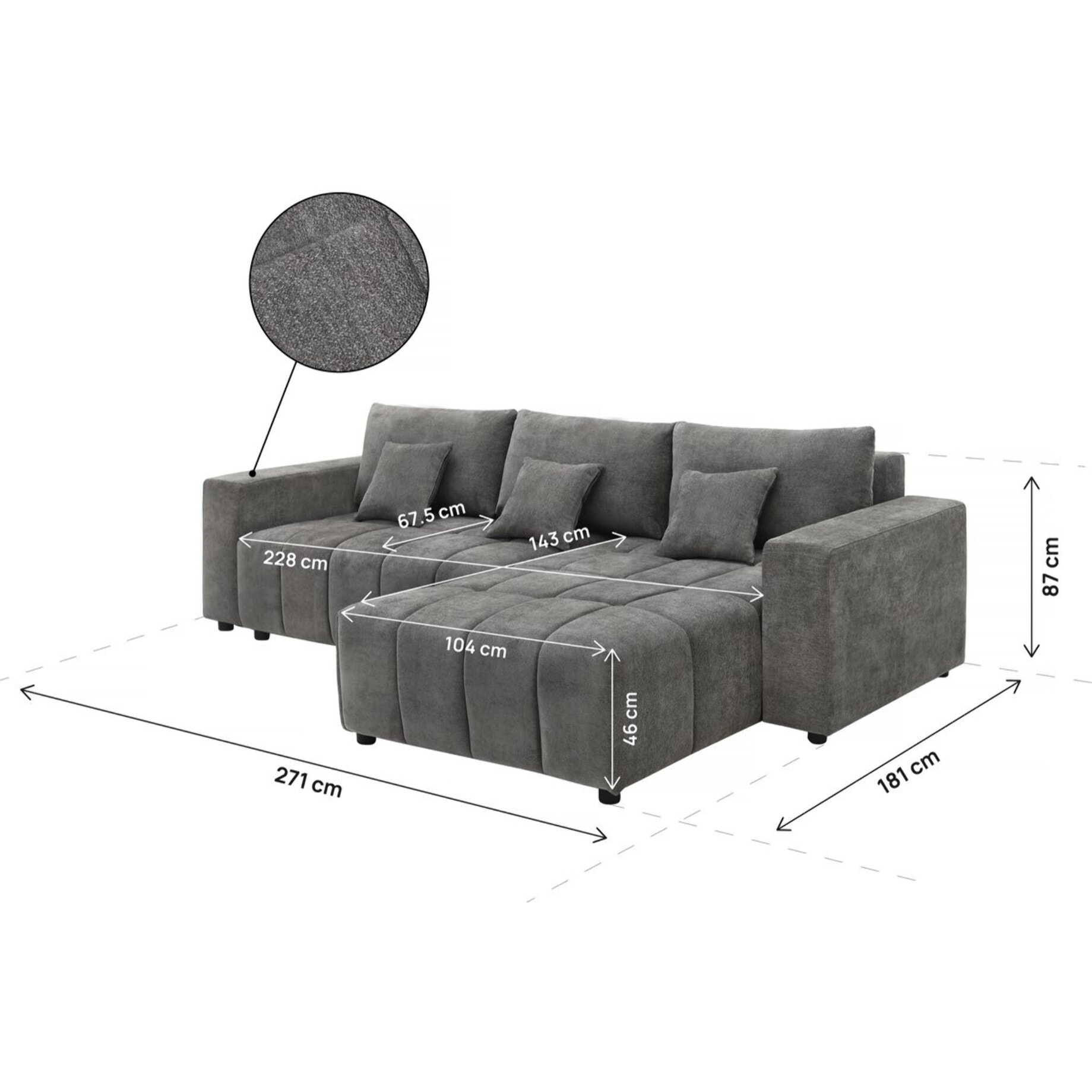 Canapé d'angle réversible/convertible en tissu - "George" - 4 places - Gris
