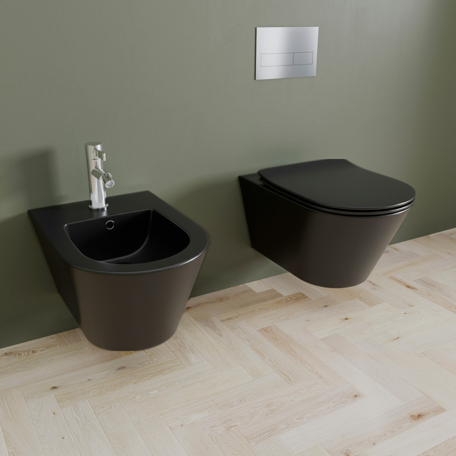 Coppia Sanitari Sospesi Vaso WC Rimless Con Tornado Flush E Bidet Sospeso Moderno Tondo In Ceramica Con Copriwater Chiusura Soft Close Nero Opaco