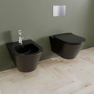 Coppia Sanitari Sospesi Vaso WC Rimless Con Tornado Flush E Bidet Sospeso Moderno Tondo In Ceramica Con Copriwater Chiusura Soft Close Nero Opaco