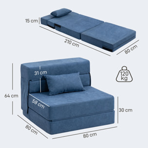 Chauffeuse futon grand confort avec coussin tissu toucher lin bleu