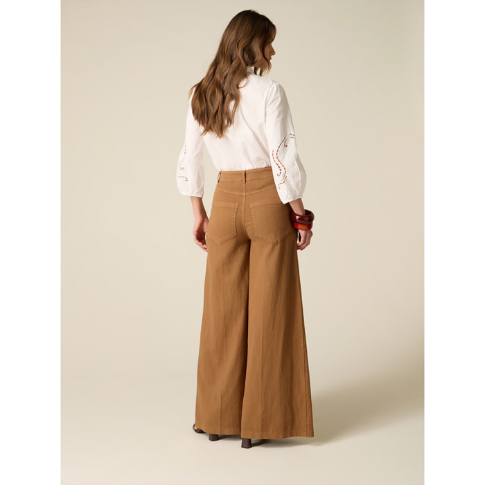 Oltre - Pantaloni wide leg in cotone maltinto - Marrone