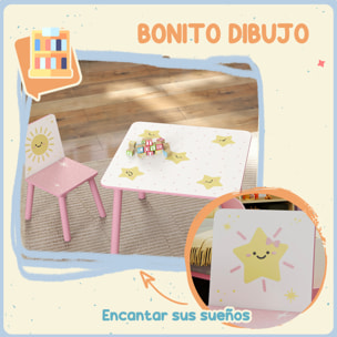 Mesa y Sillas Infantiles de 3 Piezas, Mesa Infantil con 2 Sillas de Madera de Pino, Juego de Muebles con Dibujos de Estrella para niños de +3 Años, para Dormitorio, Sala de Juegos, Rosa