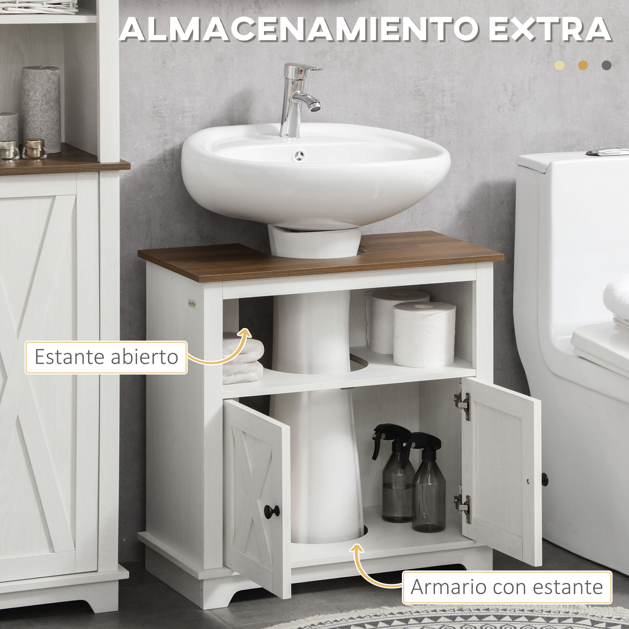 Conjunto de Baño Juego de Columna de Baño con Estante Ajustable y Mueble para Debajo del Lavabo con 2 Puertas Antivuelco 39,5x30x160 cm 60x30x60 cm Blanco