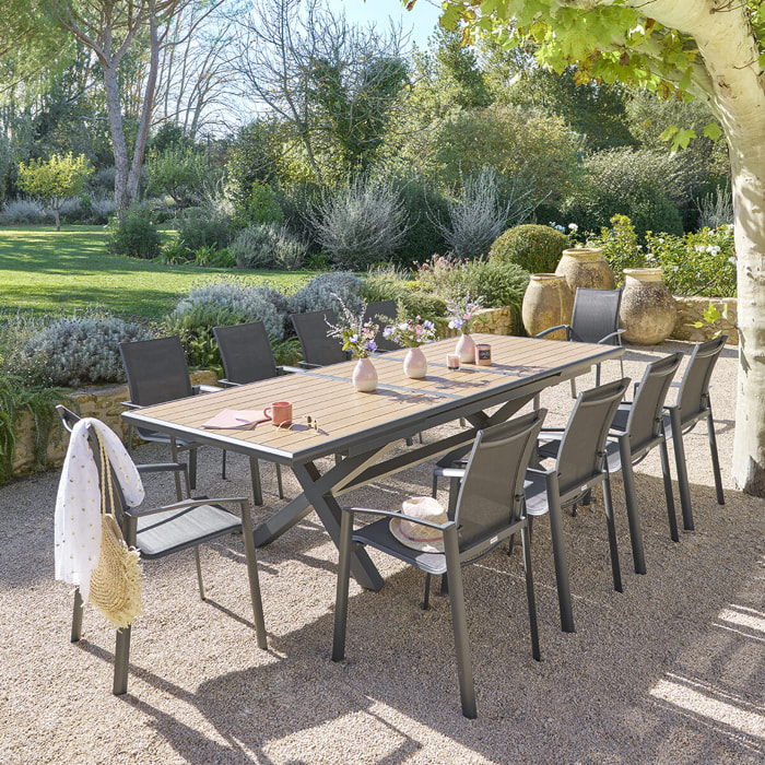 Table de jardin extensible "Axiome" effet bois honey & graphite 10 places en aluminium