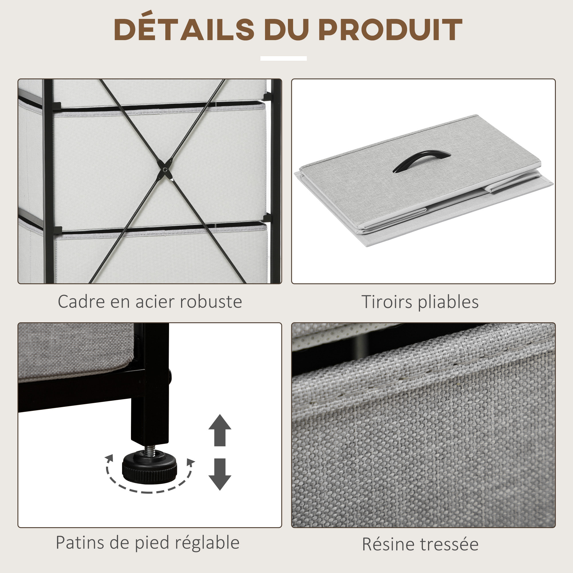 Chiffonnier meuble de rangement 5 tiroirs - dim. 45L x 30l x 116H cm - structure acier noir tissu pliant gris