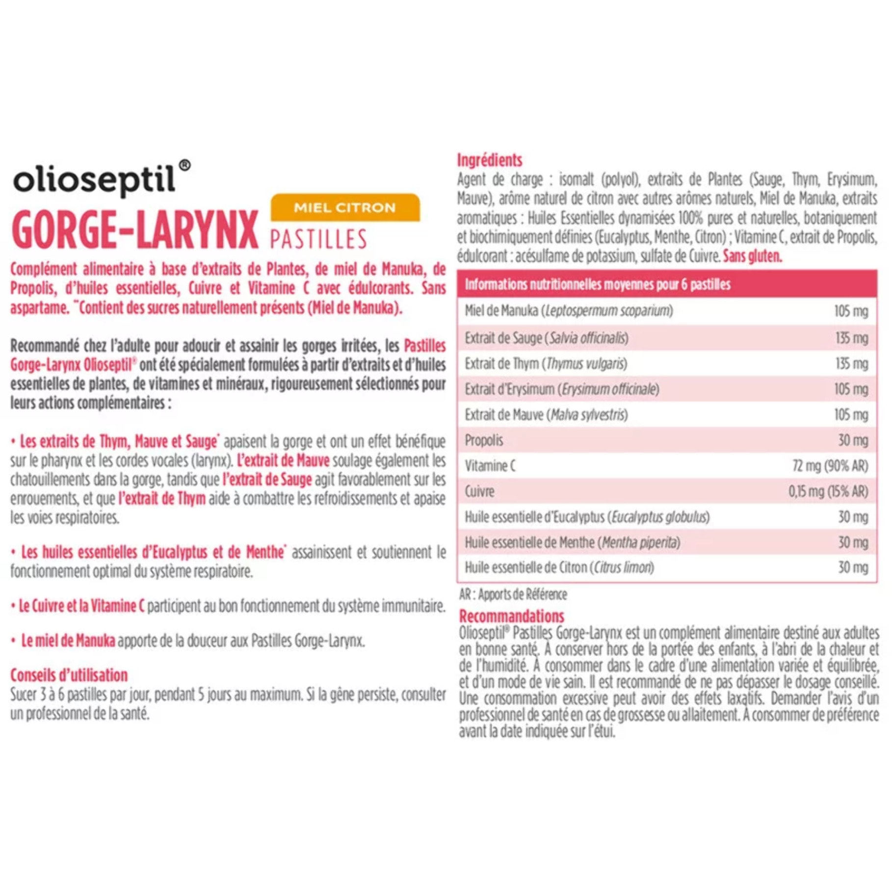 OLIOSEPTIL - Pastilles à Sucer Gorge-Larynx - Apaise et Assainit la Gorge - Sans Sucres Ajoutés - Extraits de Plantes, Vitamine C, Cuivre et Huiles Essentielles - 24 Pastilles - Gout Miel eucalyptus - Miel-Citron