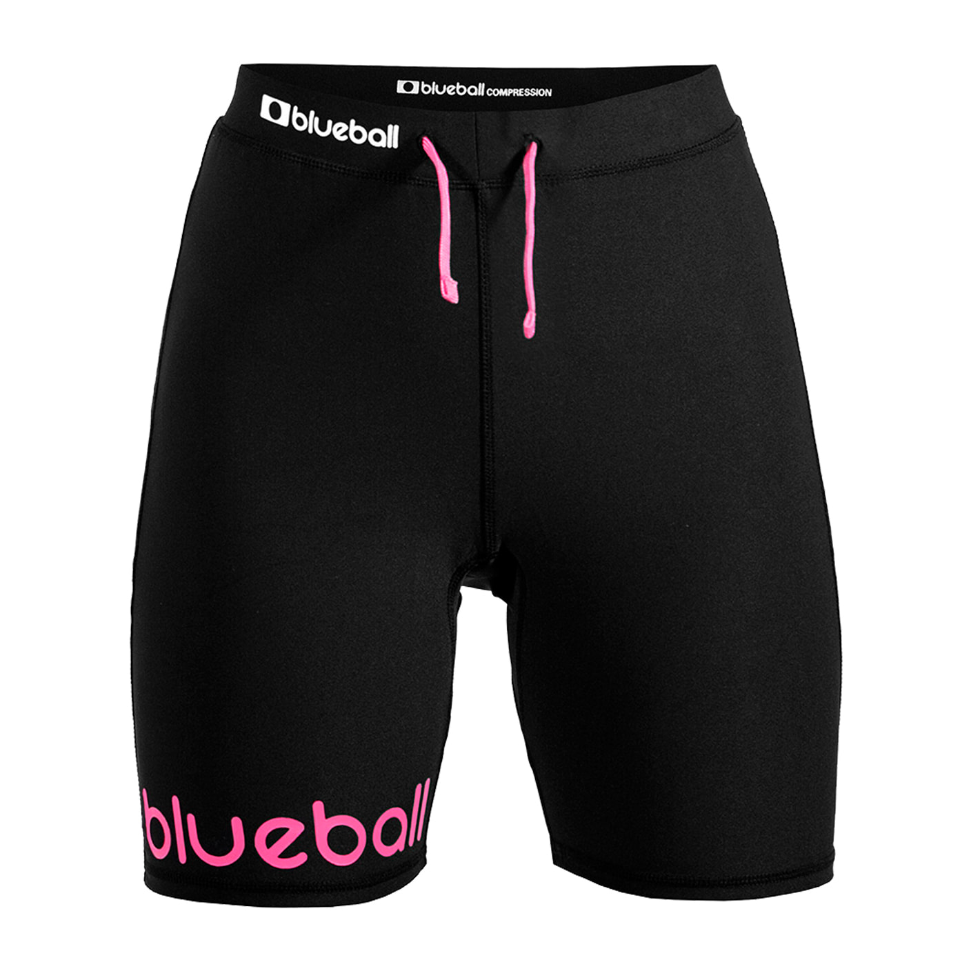 LEGGINGS DE COMPRESIÓN RUNNING PARA MUJER DE LARGO CORTO BLUEBALL EN NEGRO CON LOGO ROSA Y CUERDAS