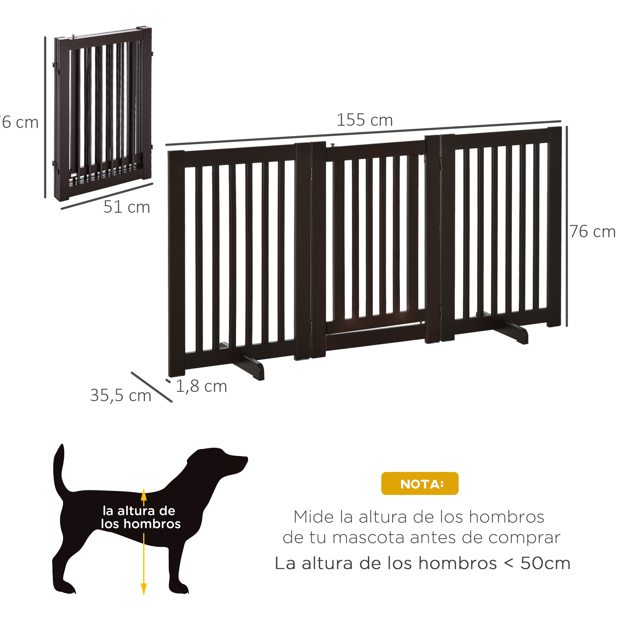 Barrera para Perros de Madera Valla para Mascotas Plegable de 3 Paneles con 1 Puerta y Patas de Apoyo para Pasillo Escalera 155x35,5x76 cm Café