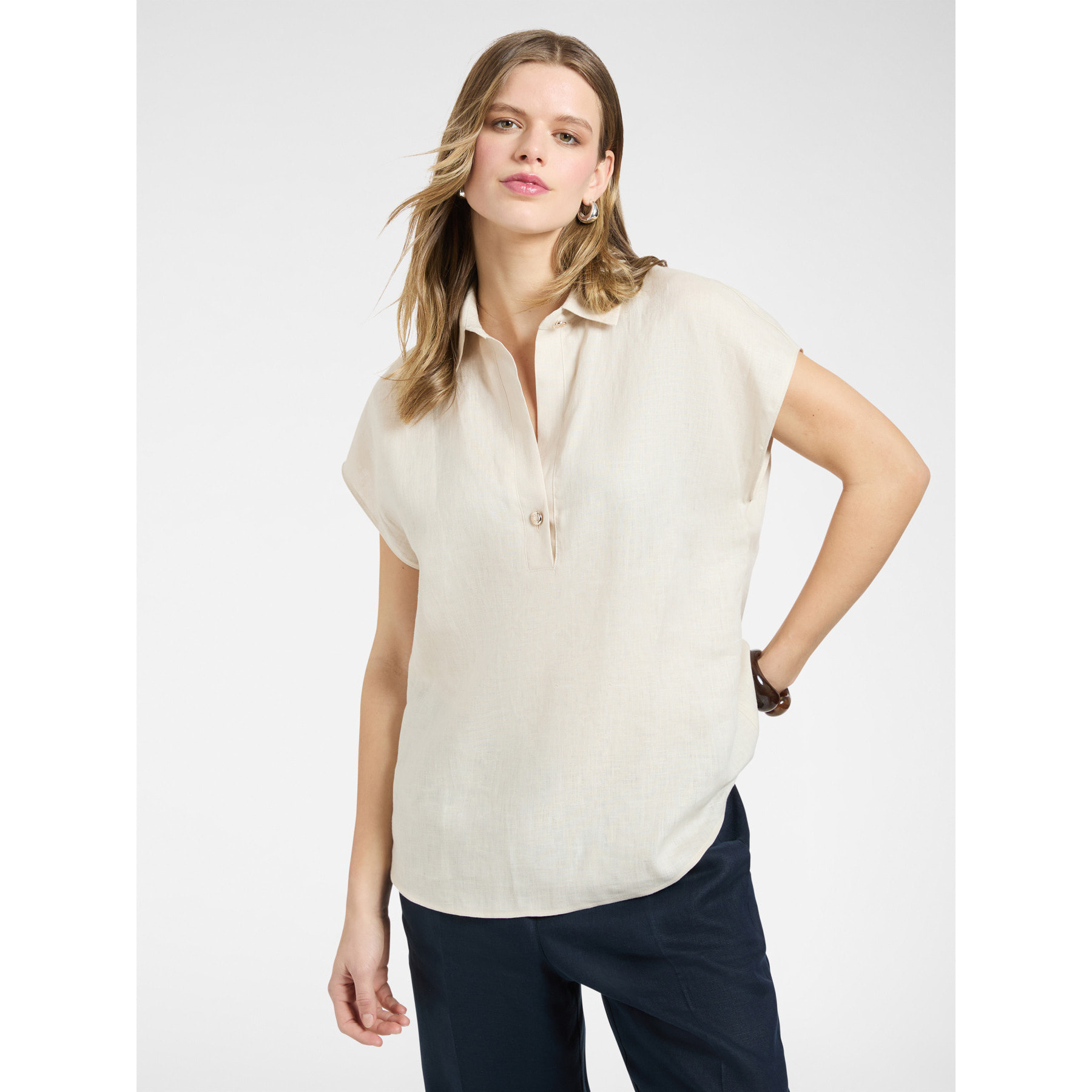 Elena Mirò - Blusa de lino de manga corta - Beige
