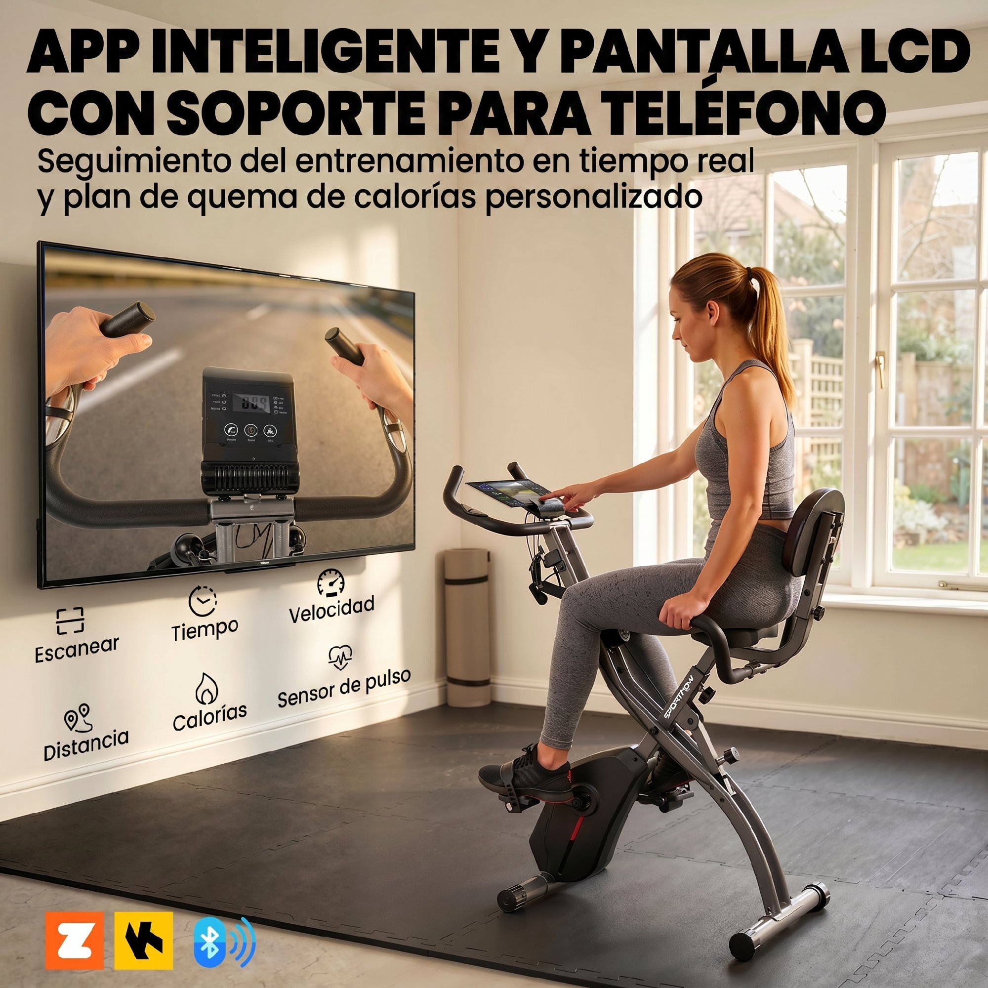 Bicicleta Estática Plegable 3 en 1 con Respaldo y 8 Niveles Resistencia Magnética Bicicleta Estática Casa Ajustable con Bluetooth Monitor LCD Volante Bandas Sensor Pulso Soporte Móvil Negro