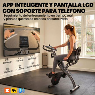 Bicicleta Estática Plegable 3 en 1 con Respaldo y 8 Niveles Resistencia Magnética Bicicleta Estática Casa Ajustable con Bluetooth Monitor LCD Volante Bandas Sensor Pulso Soporte Móvil Negro