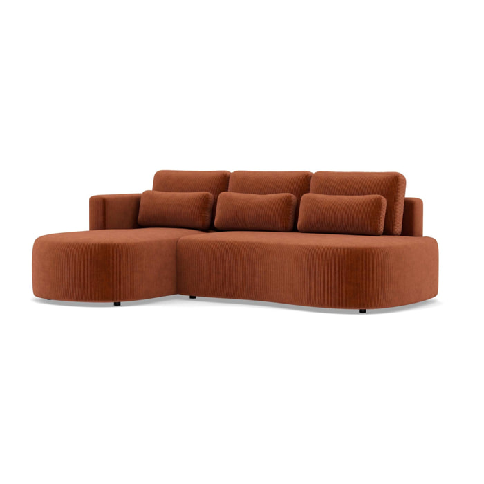 Mahina - canapé d'angle gauche 4 places convertible avec coffre en velours côtelé - Terracotta