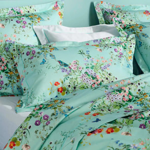 Taie d'oreiller satin de coton 115 g/m² imprimé bleu vert Le printemps azur