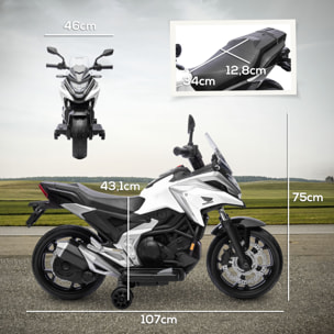 Moto électrique enfant Honda NC750x - musiques, feux AV LED, entrée USB MP3 jack - 2 roues support aux. - blanc