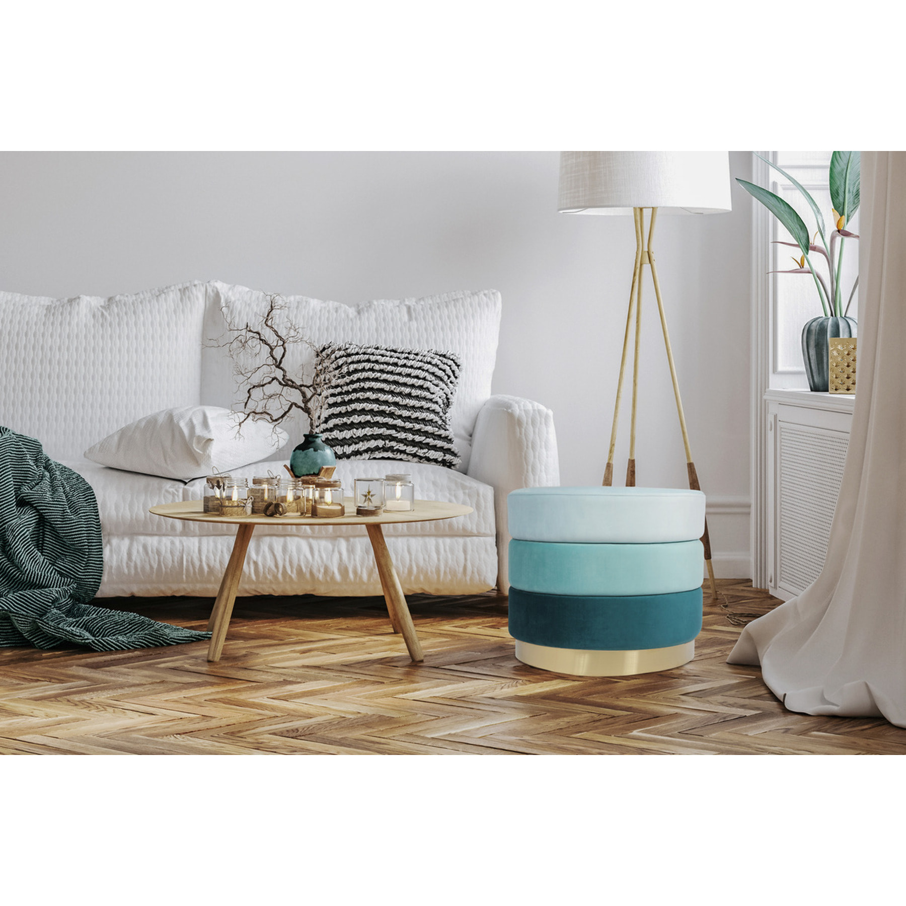 Pouf di design Matilda in velluto blu e oro