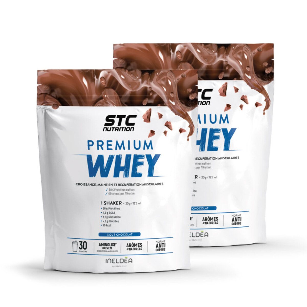 STC NUTRITION - Premium Whey - 80% de protéines natives de lactosérum - Croissance, maintien et réparation musculaires - Digestion facile - Doypack 750g - Chocolat - Lot de 2