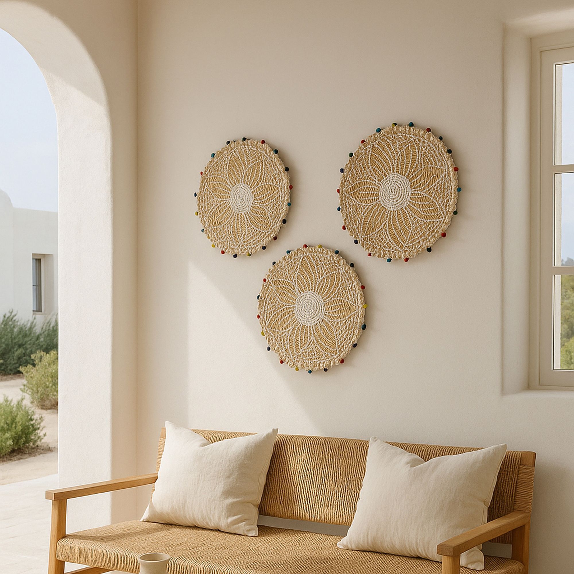 Panier rond en jonc de mer et perles de bois 40cm MILOS