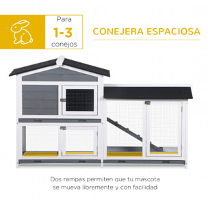 Conejera de Madera Exterior Jaula para Conejos de 2 Niveles con Techo Asfáltico 2 Corrales de Metal Bandeja Extraíble 2 Puertas y Rampa 157,4x53x93,5 cm Gris