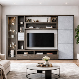 Parete Attrezzata Soggiorno Mobile Porta TV Con Vetrina E Cassetti Design Moderno Industrial Chic Con Ampio Vano TV 270 x 213 x 50 Cm Ossido E Grigio Cemento