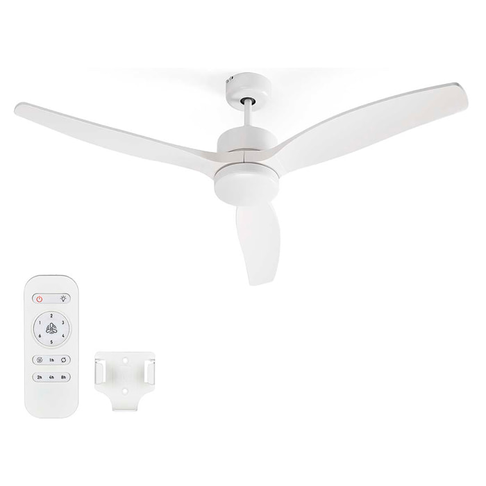 Ventilador de techo de 132 cm con motor de 40W, 3 aspas, luz LED de 18W y 6 velocidades. Incluye mando a distancia con función verano/invierno.