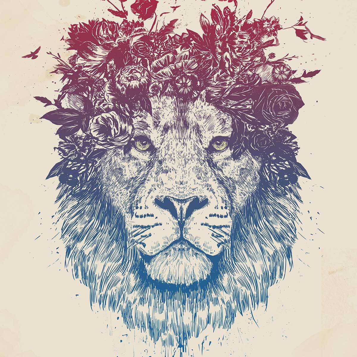 Affiche enfant lion aux fleurs  Affiche sous cadre bois