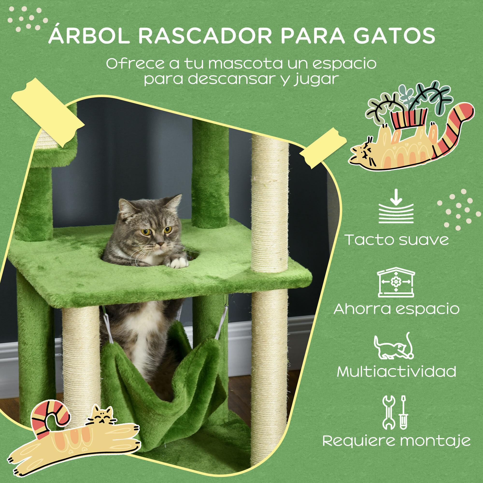 Árbol Rascador para Gatos Grandes de 142 cm Torre para Gatos de Interior con Postes de Sisal Plataformas Hamaca Hojas y Bola de Juguete 49x49x142 cm Verde