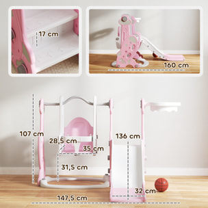 Tobogán Infantil 4 en 1 Parque Infantil con Columpio y Tobogán Escalador Aro de Baloncesto Temática de Cohete para Interior Rosa y Blanco