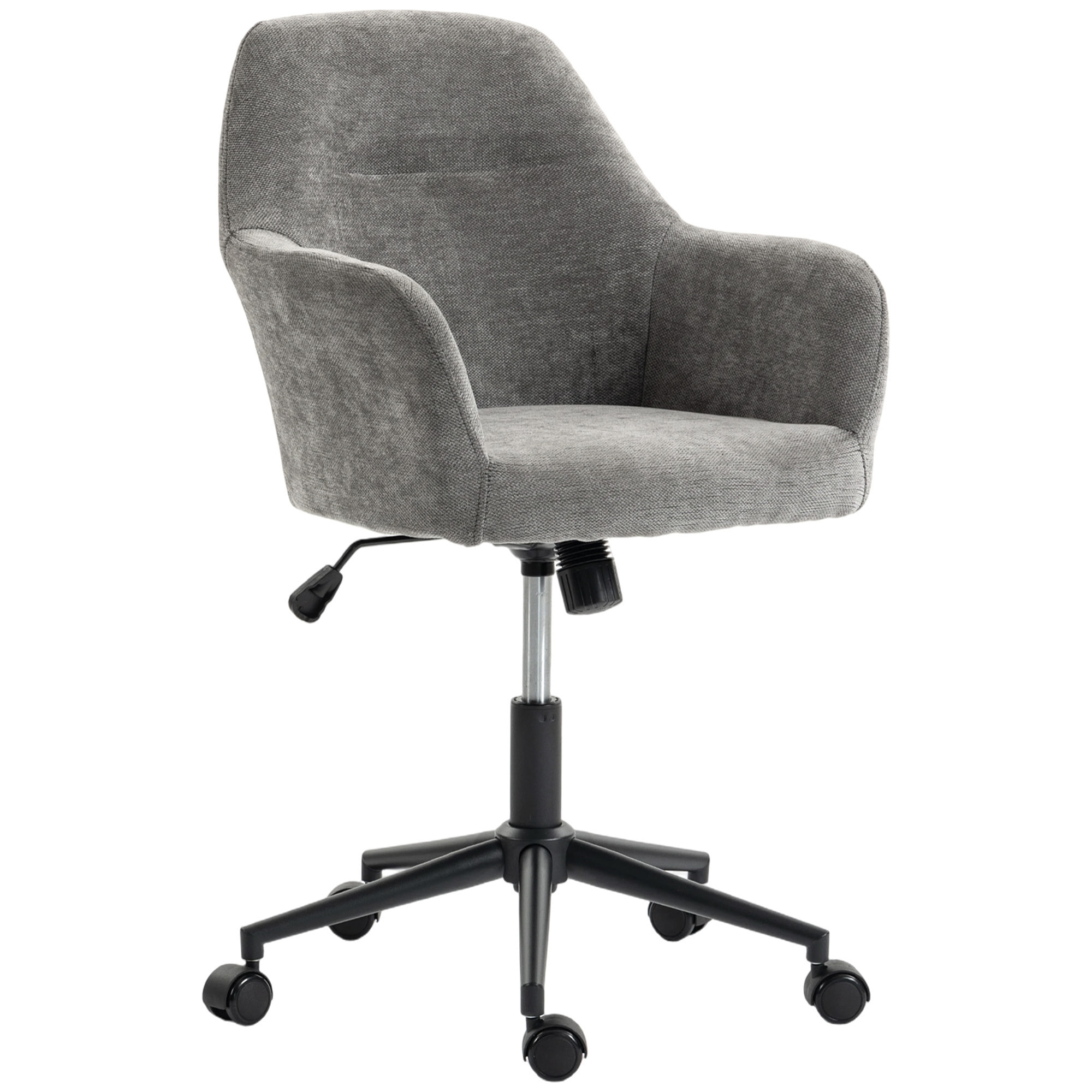 HOMCOM Silla de Oficina con Ruedas, Silla de Escritorio de Chenilla con Función Basculante, Acolchado Grueso, Altura Ajustable, Reposabrazos, para Casa, Oficina, Gris