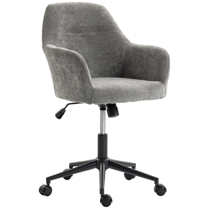 HOMCOM Silla de Oficina con Ruedas, Silla de Escritorio de Chenilla con Función Basculante, Acolchado Grueso, Altura Ajustable, Reposabrazos, para Casa, Oficina, Gris