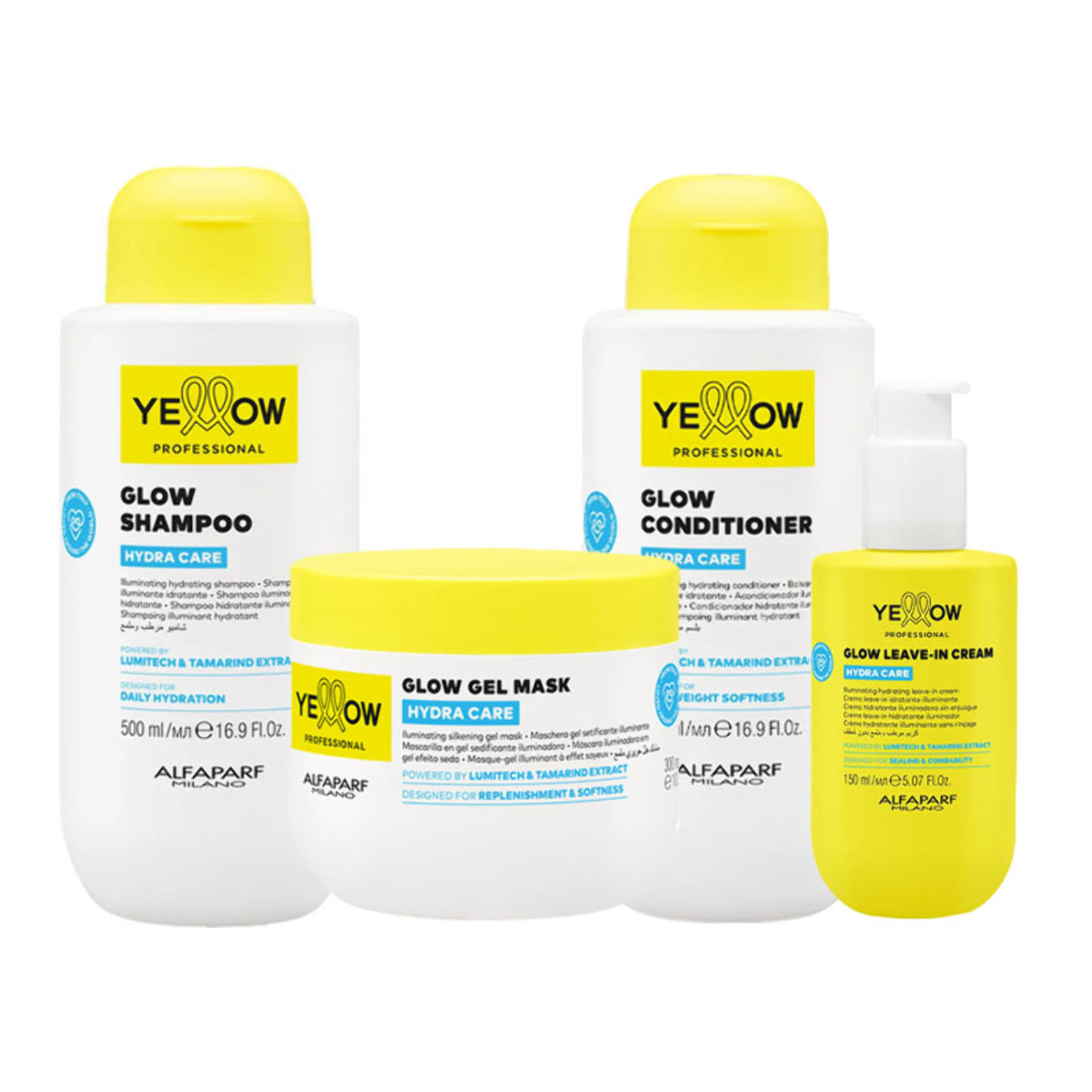 ALFAPARF Yellow Kit Hydra Care Glow Shampoo 500ml + Mask 300ml + Conditioner 500ml + Leave In Cream 150ml