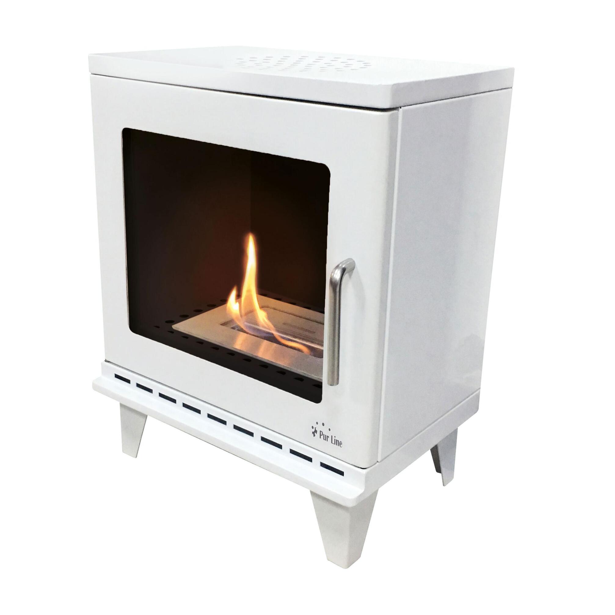 Poêle à éthanol 1,5kW design carré en acier blanc avec pieds
