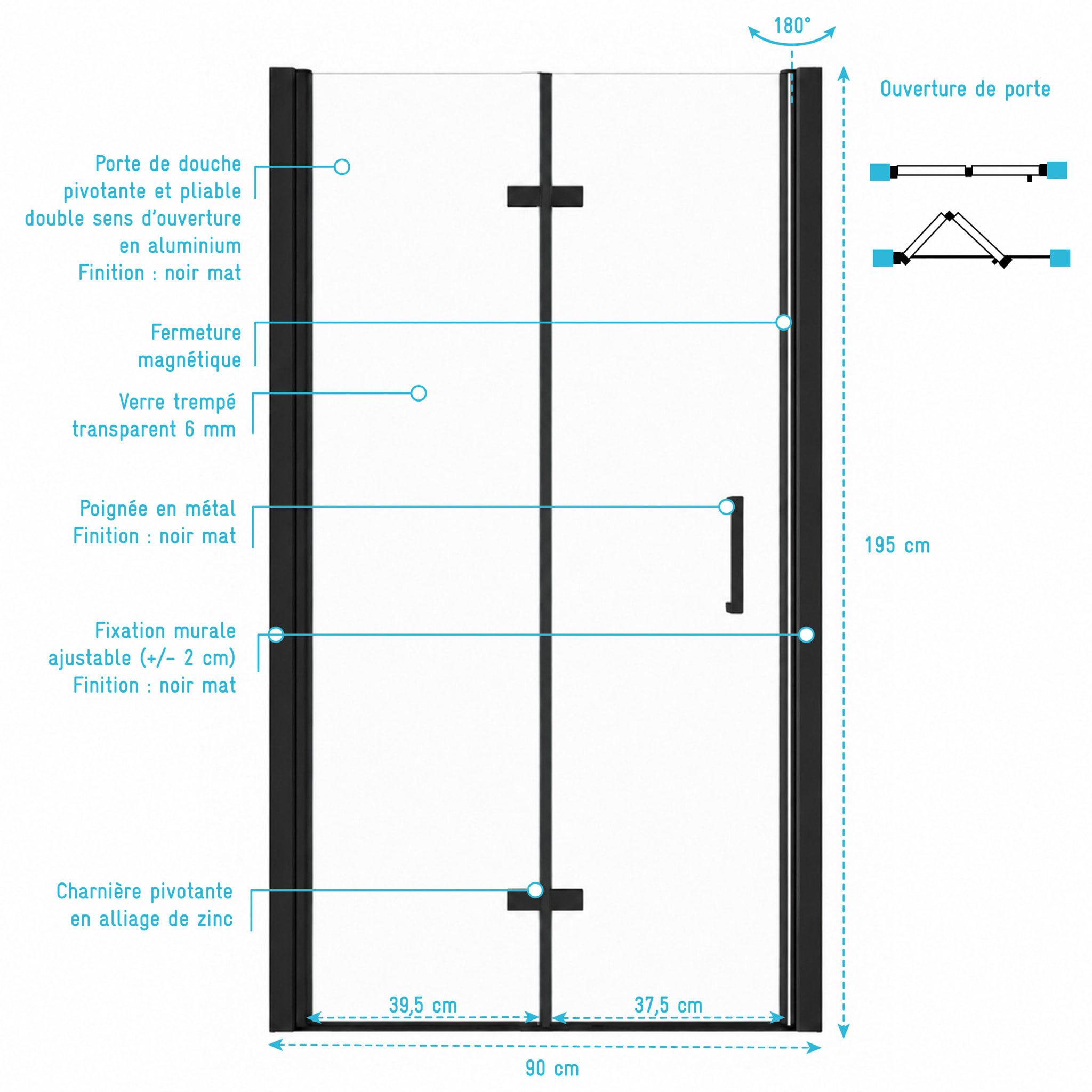 Porte de douche pivotante pliante double sens avec charnières 90x195 cm - Profilé Noir mat - ORIANA