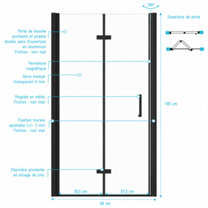 Porte de douche pivotante pliante double sens avec charnières 90x195 cm - Profilé Noir mat - ORIANA